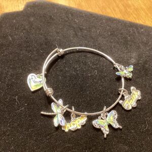 Adjustable Silvertone and Enamel Charm Bangle Bracelet